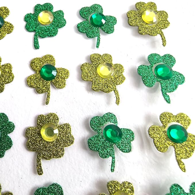 50 Pcs Glitter St. Patrick's Day Face Gems, Green Shamrock Face Jewels with Gold Glitter, Self-Adhesive Face & Body Gems for Festival Party, Irish Theme Makeup Supplies