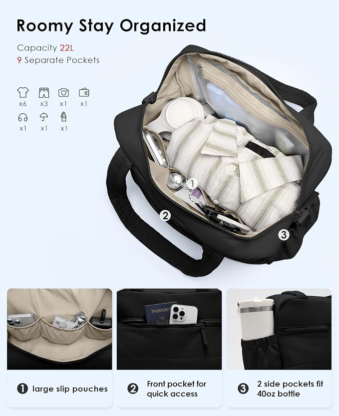 Gym Bag for Women, Travel Duffle Bags with Wet Pocket, Lightweight Carry on Bag Overnight Weekender Duffel Bag, Water Resistant (Black)