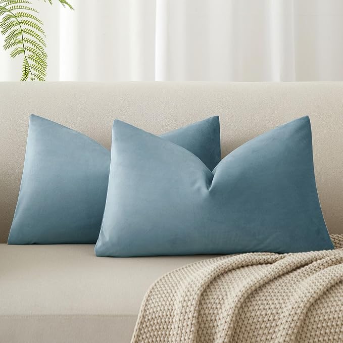 Light Blue 12x20 Decorative Lumbar Velvet Throw Pillow Covers Set of 2 | JUSPURBET Cozy Soft Velvet Couch Covers with Invisible Zipper for Modern Couch Sofa Bed Living Room Bedroom Home Decor