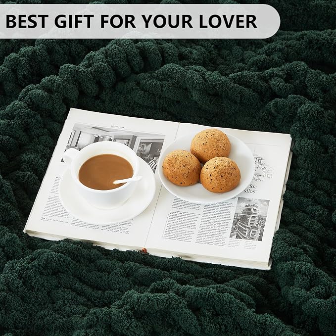 L'AGRATY Chunky Knit Throw Blanket for Couch, 60 x 80 Inches, Olive Green | Handmade Chenille Crochet Blanket for Sofa Bed, Thick Cable Knitted Blankets for Room Home Decor, Birthday Gift for Women Mom