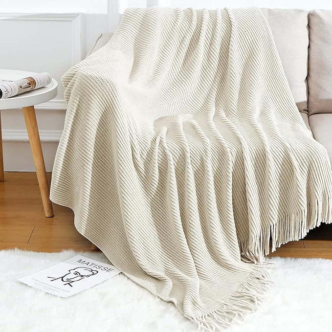 Blagic Chenille Throw Blanket for Couch and Bed,Off White,50"x60" | Soft Farmhouse Boho Throw Blanket with Tassels,Decorative for Living Room,Stripe Textured Throws for Bed/Chair/Sofa