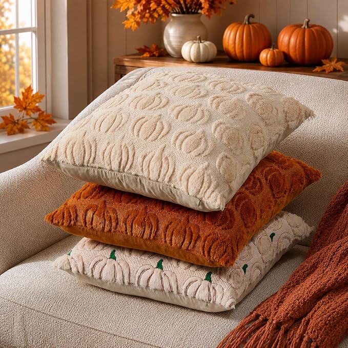 DFXSZ Fall Pillow Covers 18x18 2Pcs Beige Pumpkin Fall Decorations for Home | Fall decor Set of 2 Throw Pillow Cases Soft Plush Faux Fur Wool Couch Cushion for Chair Sofa Bedroom Living Room Home Decor