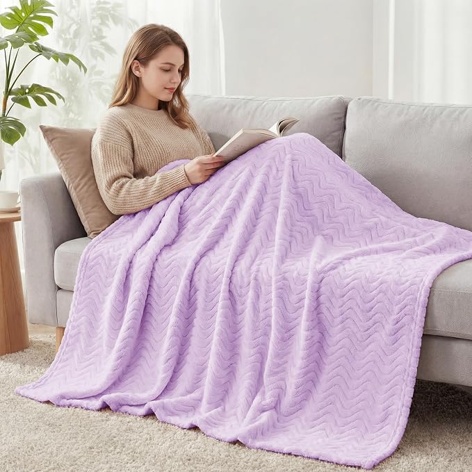 Exclusivo Mezcla Soft Fleece Blanket Queen Size for Bed, Sofa, Lilac Purple | 90"x90" Breathable Lightweight Flannel Blanket for Summer, Plush Cozy Jacquard Wave for Home Decor