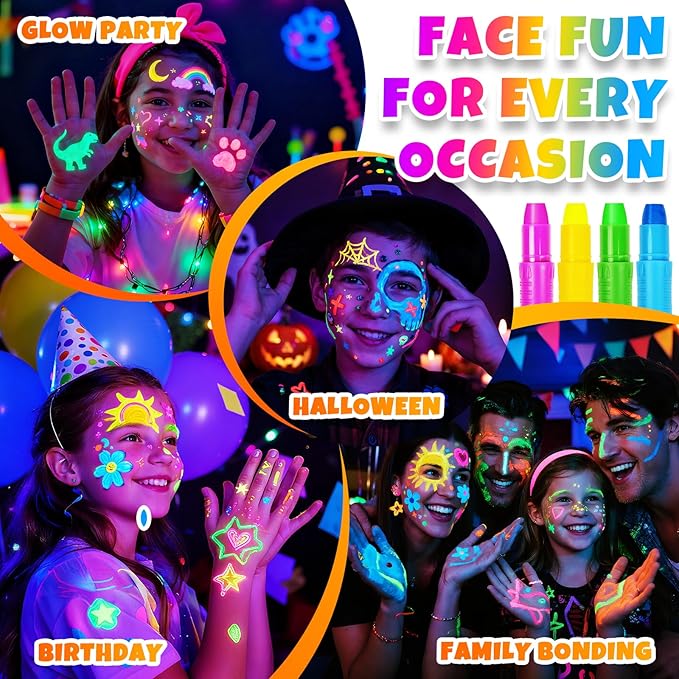 nsxsu Glow in the Dark Face Paint Sticks for Kids 8 Colors, Neon Body Paint Crayons Fluorescent under Black Light, Washable UV Paint Pens for Skin for Birthday Glow Party Accessories Stocking Stuffers
