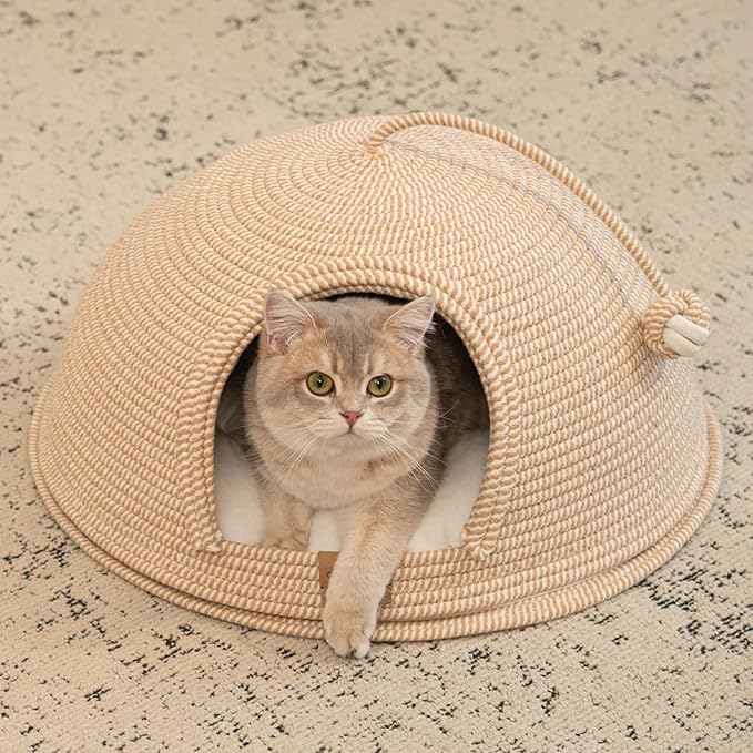 Cat Cave Bed with Washable Cushion and Ball, Handwoven Cotton Rope Cat Basket Bed for Indoor Cats Bed Covered, 3-in-1 Scratching, Playing & Sleeping, All Season Universal(White)