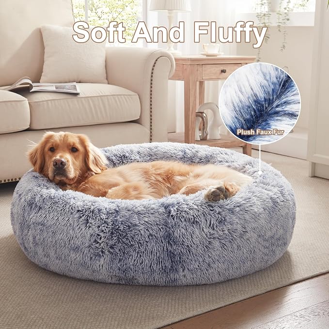 36 inches Faux Fur Fluffy Donut Dog Bed for Large Dogs,Dark Blue | Calming Plush Round Pet Bed with Removable & Washable Cover,Fits up to 80 lbs Pets