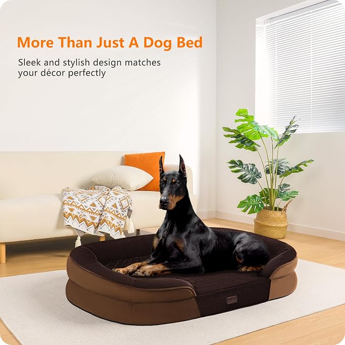 Dwanton Orthopedic Waterproof XX-Large Dog Bed Sofa, Gel Memory Foam, 48" | Egg-Crate Foam Dog Sofa, Washable Pet Bed with Four Sided Bolster Cushion, Removable Cover & Non-Slip Bottom, Brown