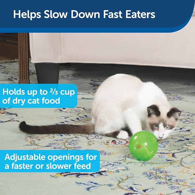 PetSafe Slimcat Feeder Ball Cat Toy, Green | Interactive Puzzle Game for Your Cat, Adjustable Openings Control Portion & Feed Speed, Slows Fast Eaters, Improve Digestion