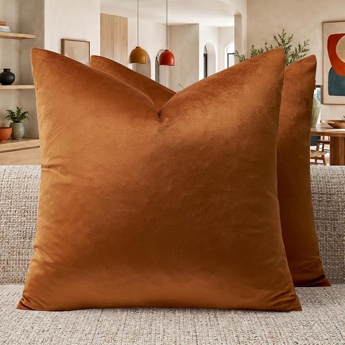 GIGIZAZA Burnt Orange Velvet Throw Pillow Covers 22x22 Pack of 2 | Decorative Pillows for Couch Sofa,280gsm Soft Textured Fabric,Modern Square Pillowcases,Luxury Cushion Covers