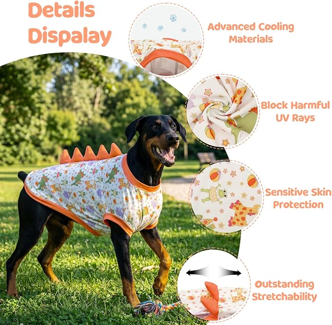 UPF 50+ Sun Protection Dog Shirt - Sleeveless Cooling Vest for Large Dogs Boy, Quick-Dry Pet T-Shirt with Funny Dinosaur Horns, UV Protective Breathable Dog Clothes U-COSBX06L