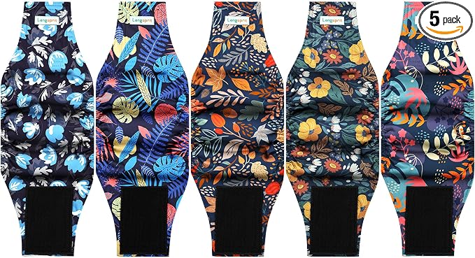 Langsprit Small Male Dog Diapers for Doggie Puppy,Reusable Belly Bands for Male Dogs Wraps,Washable Doggy Dog Diapers Medium Large in Incontinence 5 Pack (Vibrant Leaves, Large)