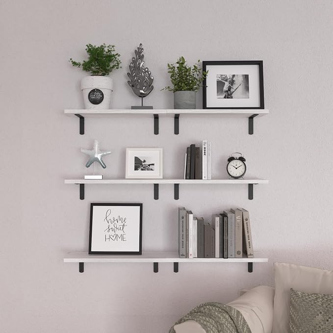 White Floating Shelves Set of 6,Wood for Bedroom,Modern Wall Decor,Bathroom Storage,Book Living Room[Upgraded]-White (HM011A)