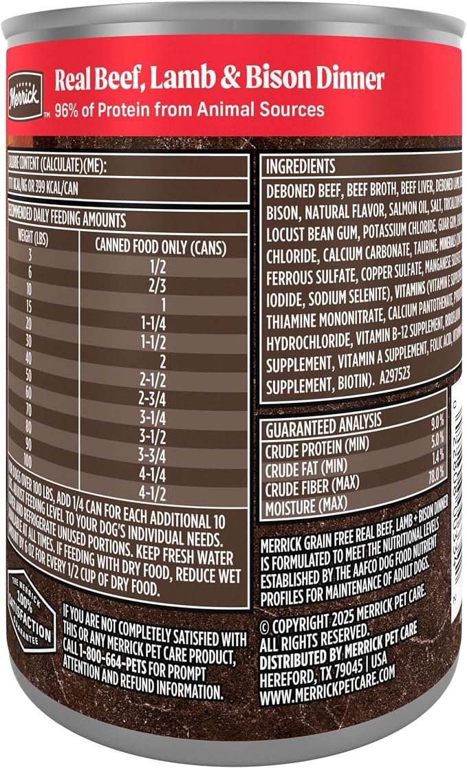 Merrick Grain Free Premium and Natural Canned Dog Food, Soft & Healthy Poultry Free Wet Recipe, Real Beef Lamb and Bison - 12.7 oz. Cans, (Pack of 24)