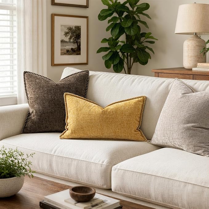 MIULEE Decorative Lumbar Throw Pillow Covers 12x20 Inch Gold 2 Pack | Mustard Yellow, Farmhouse Pillow Covers with Stitched Edge, Soft Chenille Cushion Cases,Couch Sofa Bed Living Room Home Decor