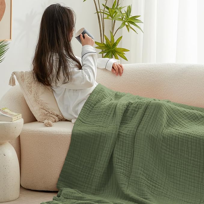 Love's cabin 100% Cotton Muslin Blanket, 6 Layer Lightweight Breathable Gauze Large Throw Blanket 50 x 70 Inches, Soft Cooling All Season Blanket for Couch or Sofa, Sage Green