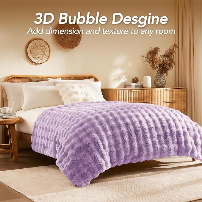 L'AGRATY Faux Rabbit Fur Throw Blanket for Couch, 50'' x 60'', Purple | Soft Cozy Bubble Fluffy Blanket for Sofa Bed, Thick Warm Plush Fuzzy Throw for Room Home Decor, Luxury Gift for Women Mom