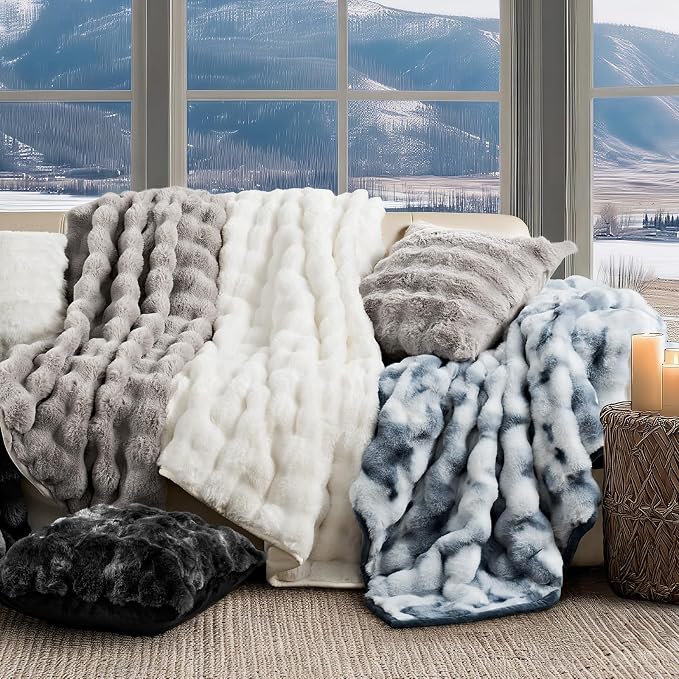 Faux Rabbit Fur Bubble Throw Blanket, 50"x60", Bright White | Ultra Soft, Luxury Faux Rabbit Fur Throw, Thick Warm Bubble Blanket, Cozy Fluffy Reversible, for Bed, Couch, Chair, Sofa