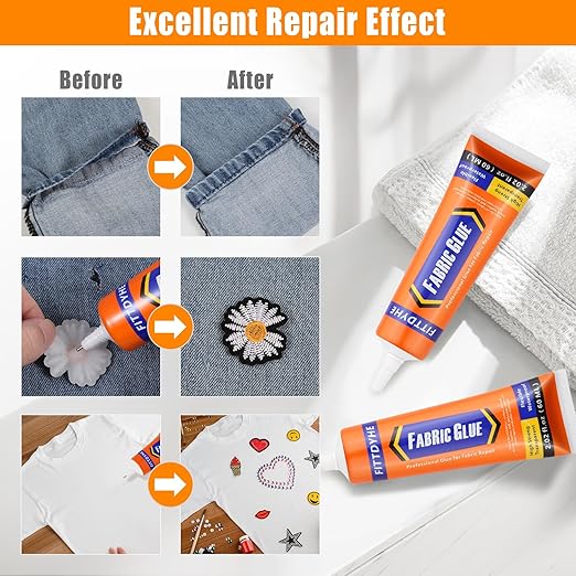 Fabric Glue Permanent, 60 ML Washable Clear Clothing Glue, Super Fabric Adhesive for Rhinestones, Patches, Clothes, Denim, Leather, Polyester, Fabrics, Doll Repair, Flannel, Cotton