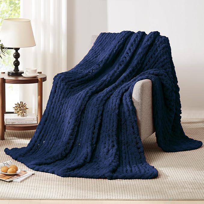 L'AGRATY Chunky Knit Throw Blanket for Couch, 60 x 80 Inches, Dark Blue | Handmade Chenille Crochet Blanket for Sofa Bed, Thick Cable Knitted Blankets for Room Home Decor, Birthday Gift for Women Mom