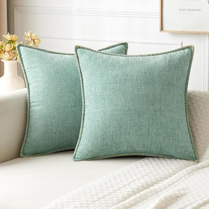 MIULEE Decorative Couch Throw Pillow Covers 18x18 Inch Aqua Green 2 Pack | Farmhouse Pillow Covers with Stitched Edge, Soft Chenille Cushion Cases, for Sofa Bed Living Room Home Decor