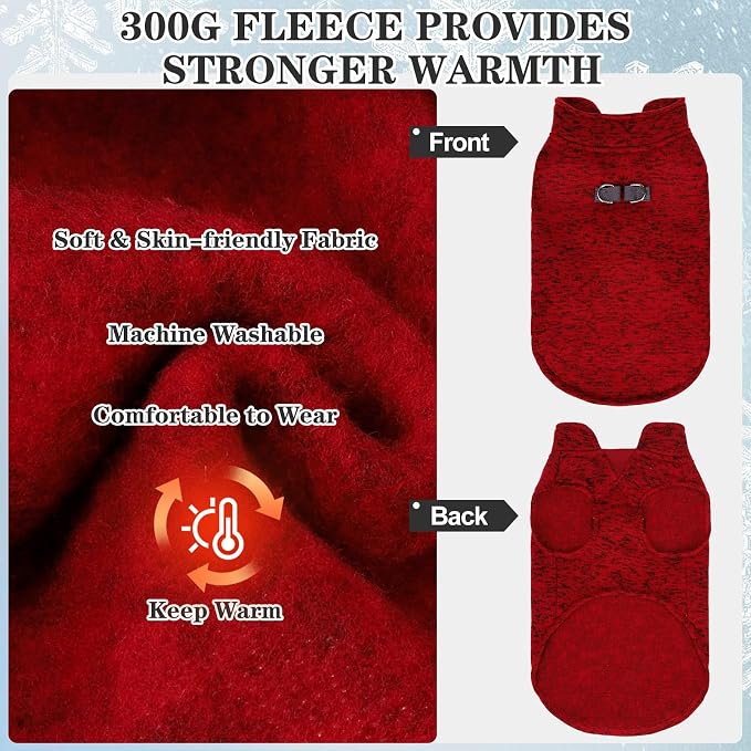 Fleece Dog Sweater - Pullover Dog Jacket, Warm Winter Coat Vest with D-Ring for Leash, Pet Cold Weather Clothes Outfit, Sweatershirt for Boys or Girls Puppy Red L