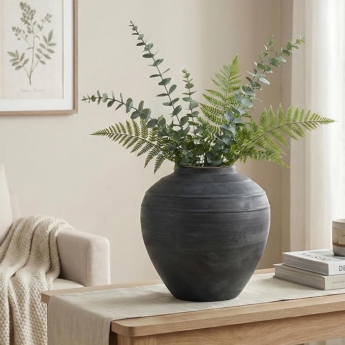 11" Blue Ceramic Vase, Rustic Farmhouse Living Room Home Decor | Artisan Handcrafted Large Ceramic Vase