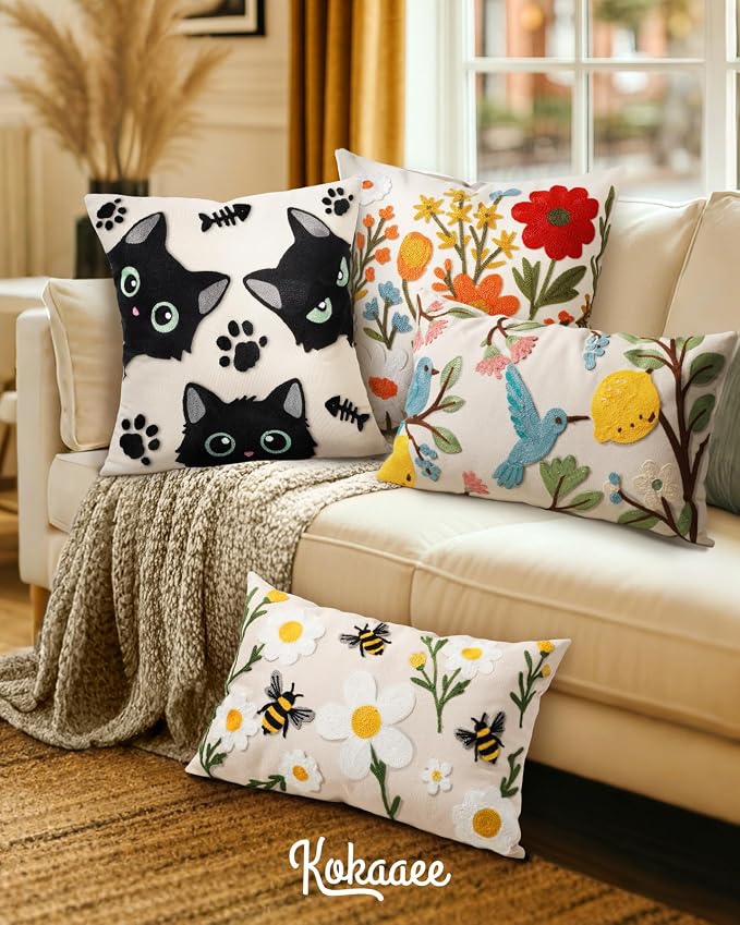 Embroidered Lumbar Pillow Cover 20x12 Inch, Flower Bee | Decorative Throw Pillow Cover, Floral Farmhouse Cushion Case with Hidden Zipper, Home Decor for Couch, Sofa, Living Room