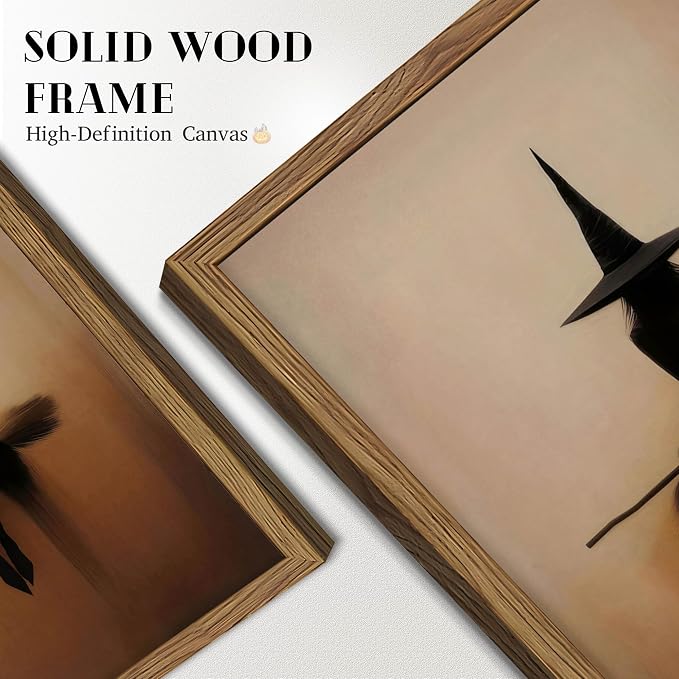 Framed Vintage Witch Wall Art, Minimalist Halloween Witch Canvas Prints, Spooky Gothic Dark Academia Witches Painting, Rustic Aesthetic Halloween Wall Decor for Bedroom Living Room 12x16 inch