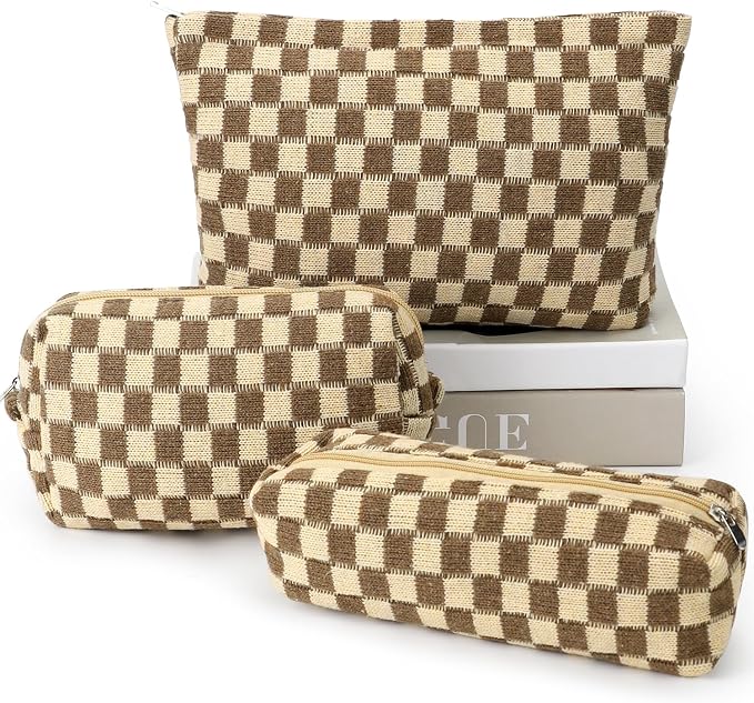 3 Pcs Makeup Bag Cosmetic Bag Set for Girls Women Checkered Travel Organizer Bathroom Toiletry Pouch Large Capacity Storage Bag (Brown)