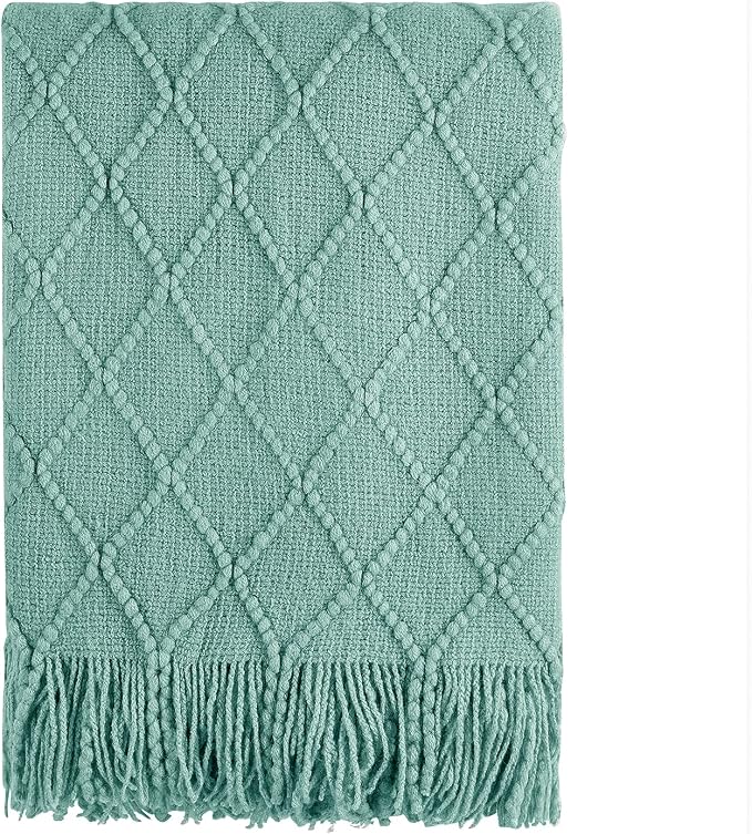 BOURINA Dark Cyan Throw Blanket 50x90 Inch Boho Knit Soft Throw Bed Blanket | Knitted Throw Blanket 50x90 Inches, Soft Lightweight Boho Weave Throw Decorative Couch Blanket for Living Room Bed Runner