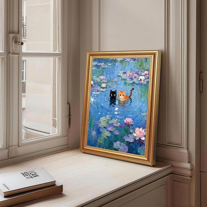 ICHZUMW Gold Framed Funny Cats Monet Water Lilies Canvas Wall Art, 12x16 In | Quirky Black and Orange Cats, Humorous Bathroom Wall Decor, Bedroom Restroom Powder Room, Fade Resistant, Ready to Hang