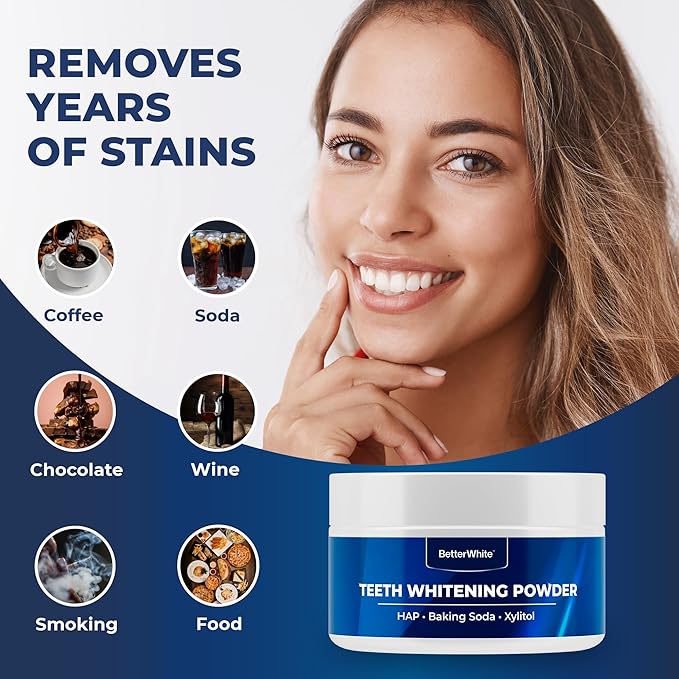 BetterWhite Teeth Whitening Powder - Hydroxyapatite, Remineralizing, Non-Sensitive Formula - Dentist-Approved Tooth Stain Remover & Polisher - Fluoride-Free - 6 Month Supply (40g)