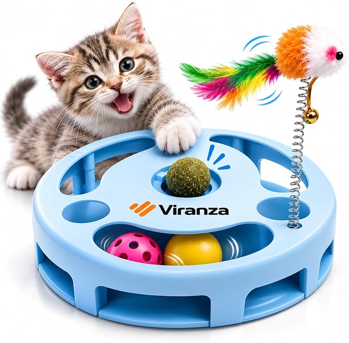 4 Interactive Cat Toy with Catnip Ball, Dual Rolling Balls & Feather Teaser
