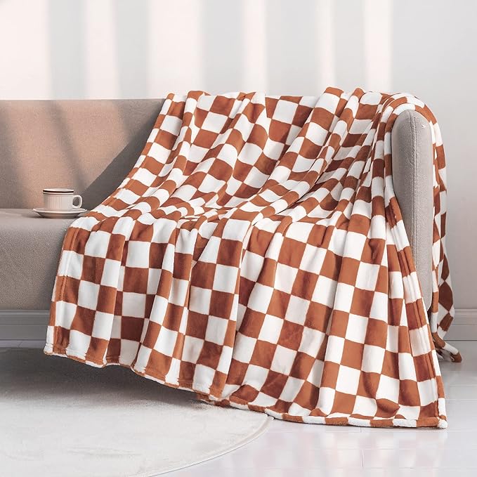 LOMAO Throw Blankets Flannel Blanket with Checkerboard Grid Pattern Soft Throw Blanket for Couch, Bed, Sofa Luxurious Warm and Cozy for All Seasons (Caramel, 90"x110")