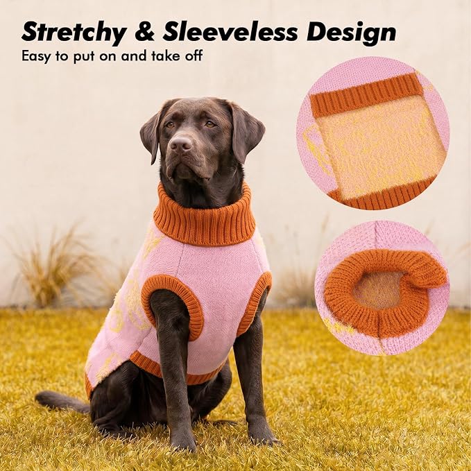 IDOMIK Knitted Dog Sweaters for Large Dogs, Stretchy Dog Winter Sweater,L | Warm Pink Dog Sweater with Leash Hole, Cozy Knitwear with Turtleneck, Soft Sleeveless Dog Clothes for Holiday Christmas