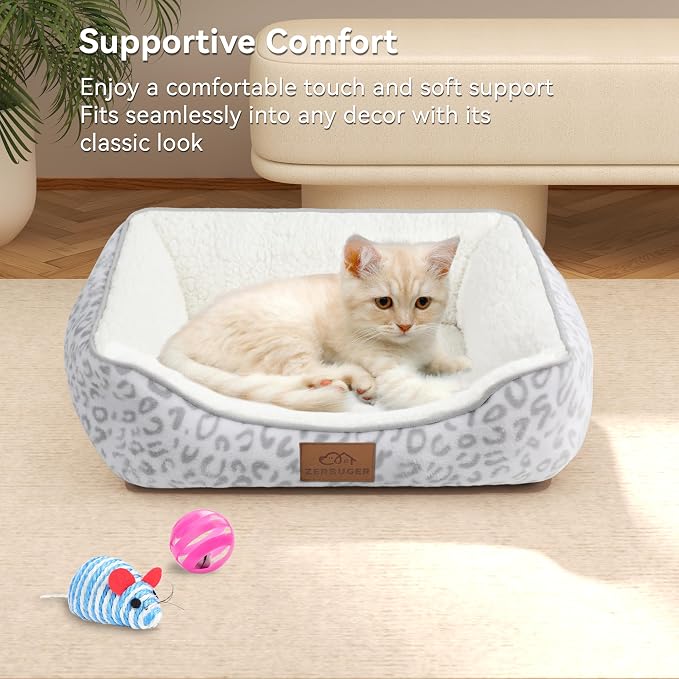 Zerbuger 20in White Leopard Rectangle Cat Dog Bed Machine Washable Sofa | Sleeping for Large Medium Small Pets Indoor Outdoor, Non-Slip Bottom Soft Puppy Bed Durable Orthopedic Calming Pet Cuddler