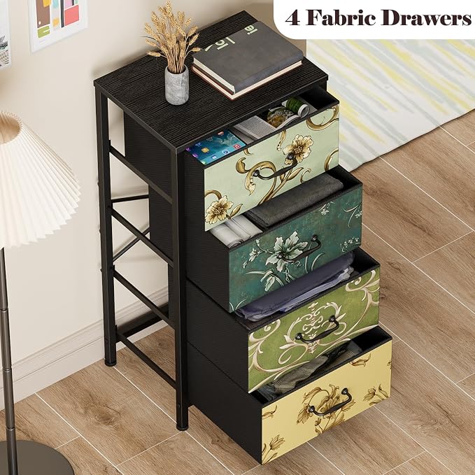 4 Drawer Dresser, Vintage Nightstand, Fabric Chest of Drawers | Vertical Dresser for Bedroom, Storage Tower Units with Fabric Drawers, Small Dressers for Closet, Retro Style, Wooden Top