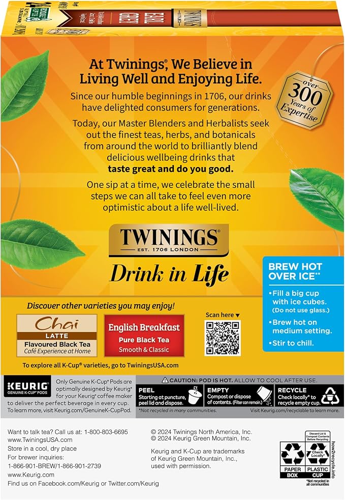 Twinings Earl Grey Black Tea K-Cup Pods for Keurig, 24 Count (Pack of 2), Flavoured with Citrus and Bergamot, Caffeinated, Enjoy Hot or Iced