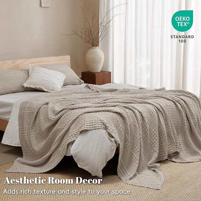 PHF 100% Cotton Waffle Blanket Twin Size, Lightweight Breathable Summer Blanket for Hot Sleepers, Pre-Washed Soft Layer for Bed, Dorm, Couch & Guest Room, Home Decor Gift, 66"x90", Pearl Gray