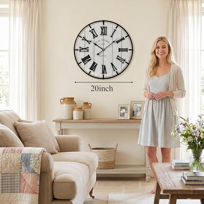 EMAX HOME Large 20 Inch Farmhouse Wall Clock, Distressed White Wood Grain Dial with Heavy Duty Black Metal Frame, Silent Non-Ticking Sweep Movement for Living Room, Bedroom, Kitchen or Entryway