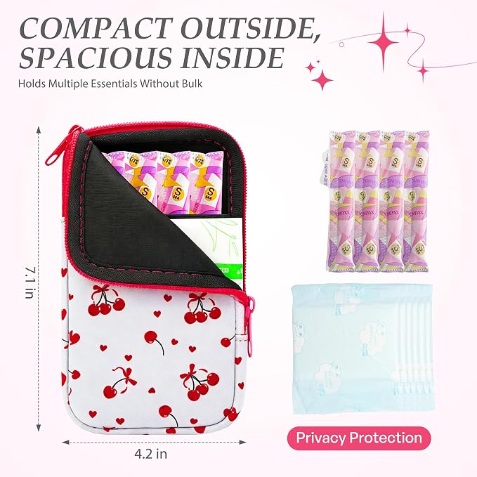 KJQJLY 2 Pack Portable Tampon Organizer Bag Tampon Holder & Storage Case with Zipper for Travel, Discreet Period Bag for Purse, Waterproof Feminine Products Pouch for Women (Strawberry&Cherry)