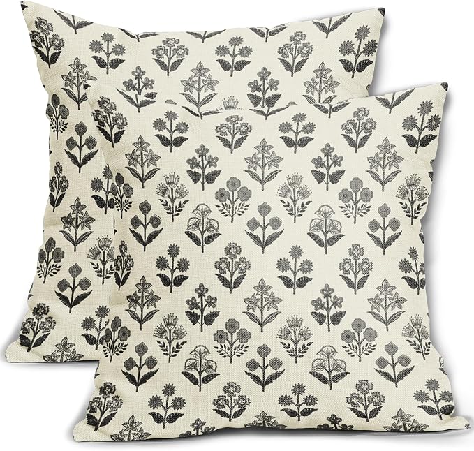 Black Grey Gray Block Print Pillow Covers 16x16 Inch Set of 2, Vintage Floral Decorative Throw Pillow Cases Boho Cushion Covers Rustic Decoration Gift Farmhouse Sofa Couch Bed Decor