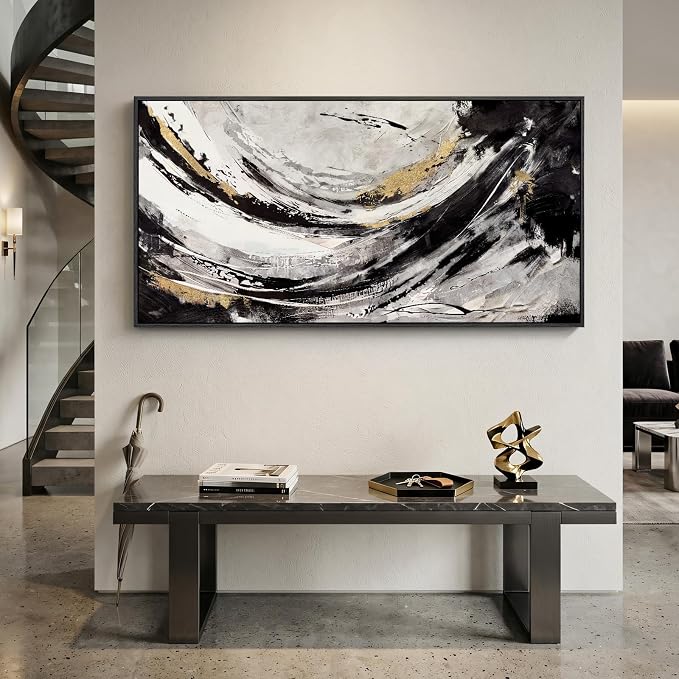 Large Framed Abstract Wall Art for Living Room, Horizontal Black Gold and White Canvas Painting Print Artwork for Walls, Modern Neutral Minimalist Pictures for Bedroom Office Wall Decor, 30x60 In