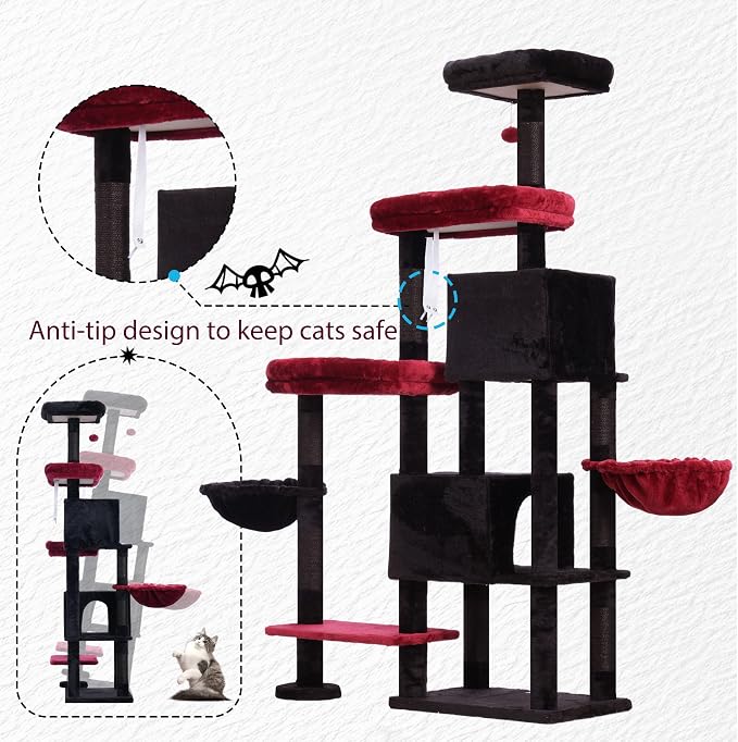 Hey-brother Cat Tree Tower with Stable Extended Base, 3 Platforms, MPJ038BR | 70.9 Inches Multi-Level Sisal Scratching Posts, Wide Bed, 2 Cozy Condos, 2 Hammocks, Toy Balls for Indoor Cats, Black and Red