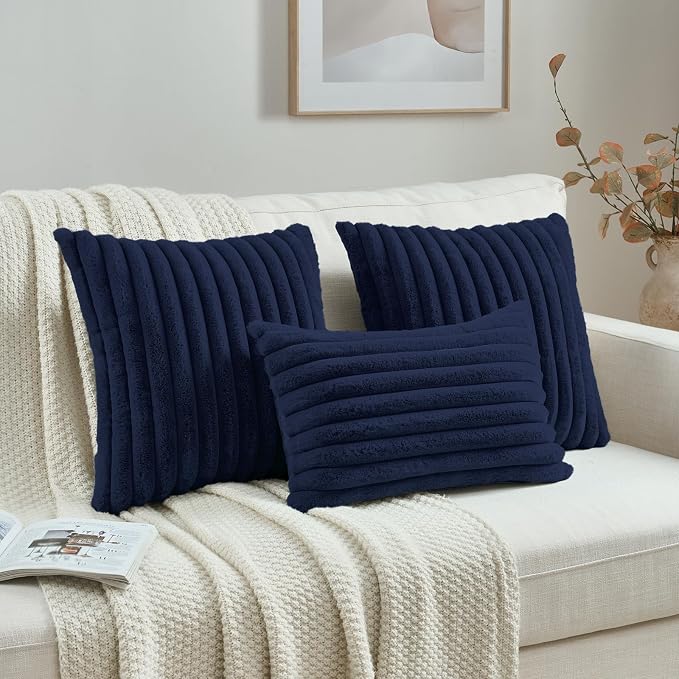 FUTEI Pack of 2 Faux Fur Throw Pillow Covers 12x20 Inch, Dark Navy | Fluffy Faux Rabbit Fur Front/Premium Velvet Back,Hidden Zipper,Machine Washable,Non-Shedding,Colorfast,Insert Not Included.