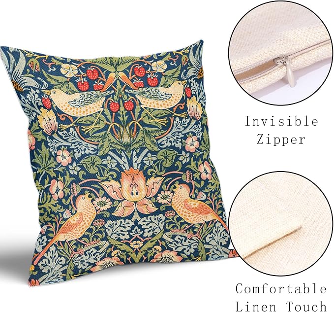 Chinoiserie Blue Sage Green Teal Pimpernel Pillow Covers 16X16 in Set of 2 Colorful Floral Bird Red Strawberry Pillow Cases Vintage Flower Throw Pillowcases Home Decor for Couch Patio Sofa Porch