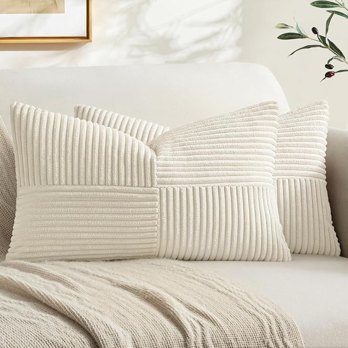 MIULEE Cream White Decorative Lumbar Throw Pillow Covers 14x24 Inch 2 Pack | Beige Neutral Boho Farmhouse Pillow Covers, Soft Cross Corduroy Patchwork Textured Cushion Cases For Couch Sofa Bed