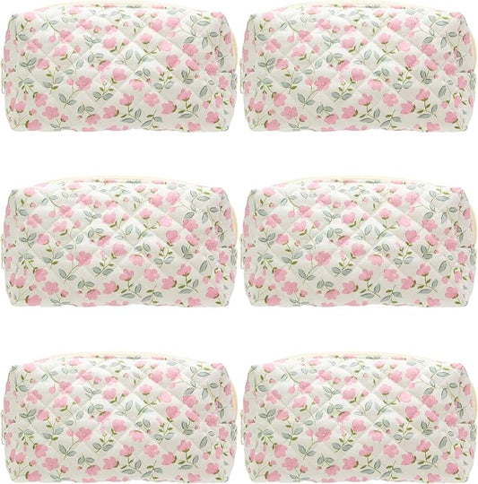 PAZIMIIK Small Quilted Makeup Bag,Zipper Cosmetic Pouch,Floral Pink,6 Pack | Lightweight Cosmetic Bag Organizer for Women,Purse Storage Holds Makeup,Toiletries,Skincare,Beauty Essentials,Travel Items