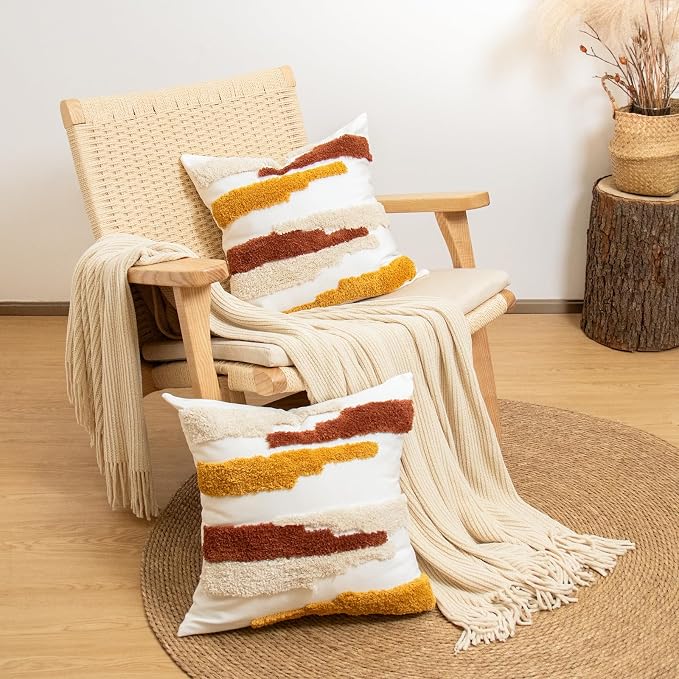 lifein Boho Pillow Covers 18x18 Set of 2 Boho Tufted Throw Pillow Covers Aesthetic Decorative Cushion Covers Farmhouse Pillow Case for Couch Sofa Bed Living Room,Home Decor