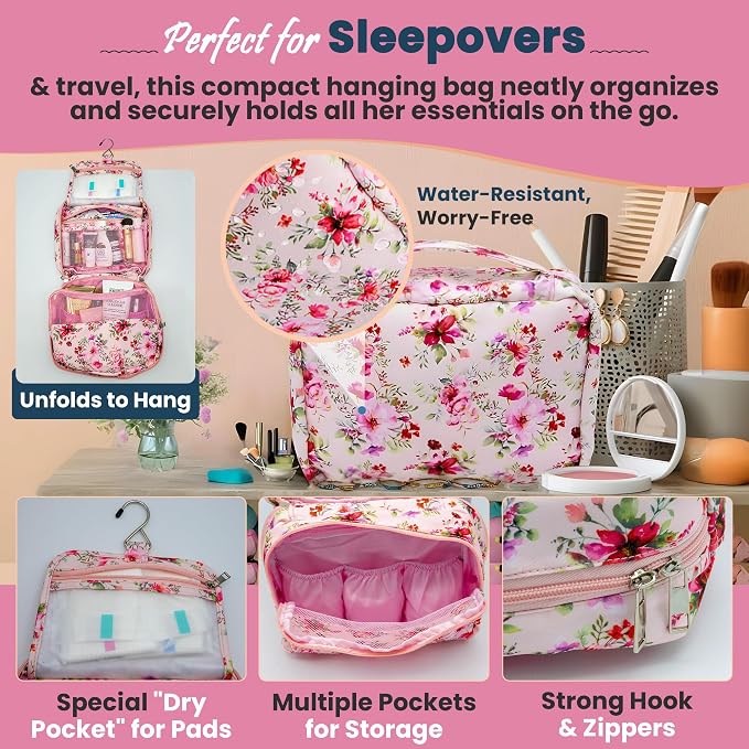 First Period Kit for Girls 9-12 | Puberty Kit for Tween Girls | Period Starter Kit with Pads, Wipes, Heating Pad, E-Book & More | First Period Gift Set for Daughter | 48 Pcs